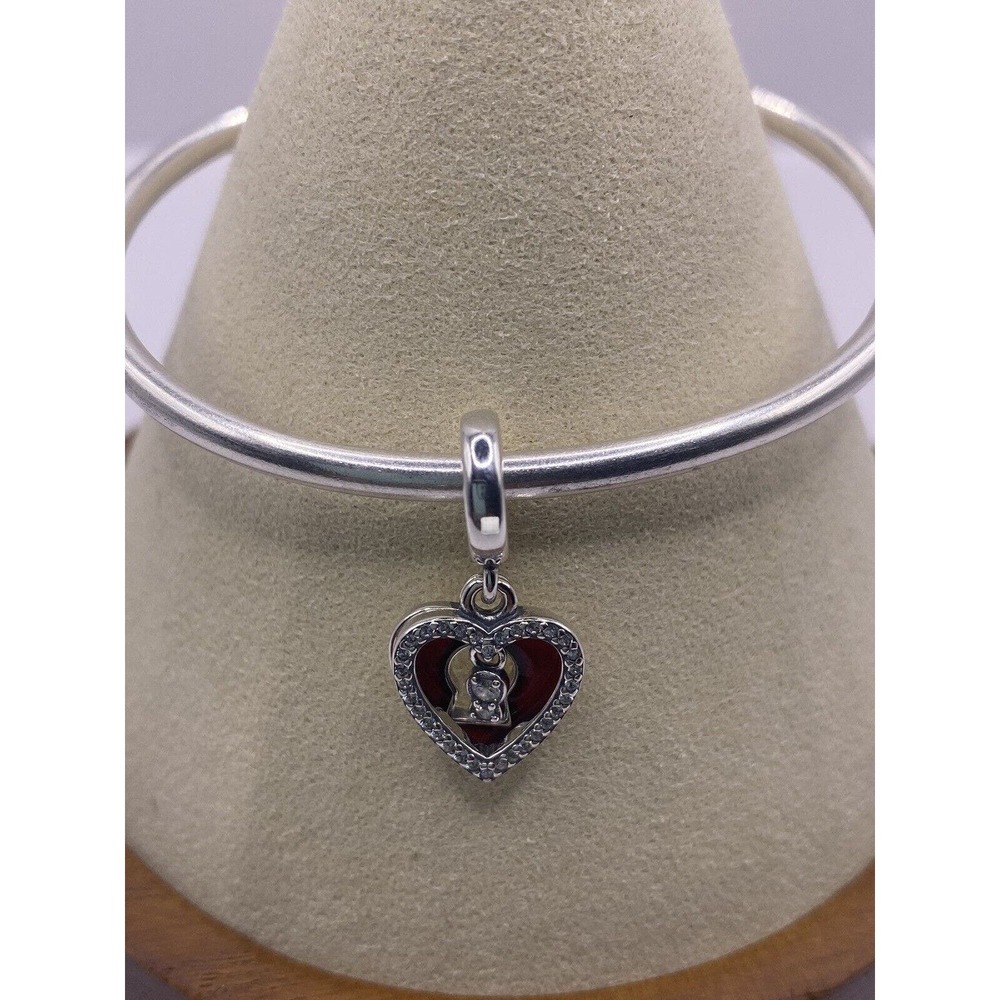 Authentic PANDORA #793119C01 Red Heart & Keyhole Double Dangle Charm w/Clear CZ